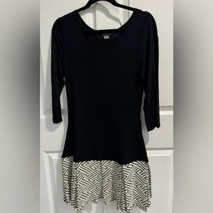 NWOT Venus Black Long Sleeve with Geometric Pattern Flounce Skirt Dress. Size M.